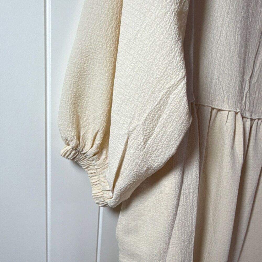 AIMAGE Beige Fit & Flare Midi Dress Button Pleated Pockets 3/4 Balloon Sleeve L - Picture 2 of 11